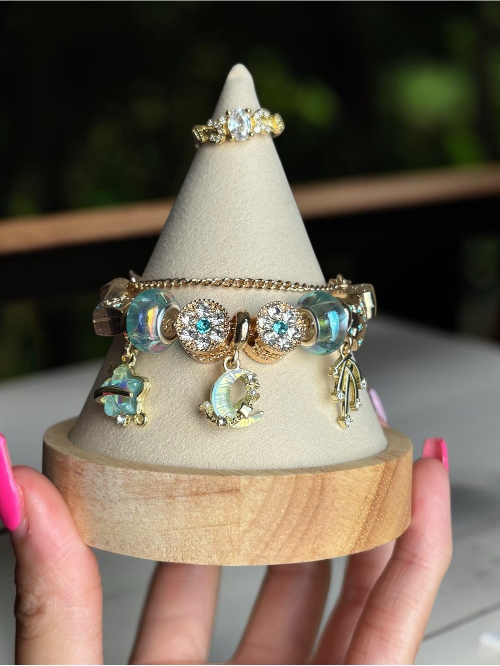 Gold Iridescent Moon Charm Bracelet with Ring